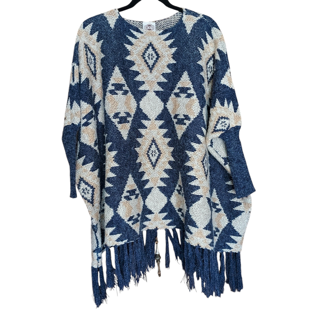 Rod's Poncho Style Women's Sweater Southwestern Aztec Print Blue Beige Fringe XL